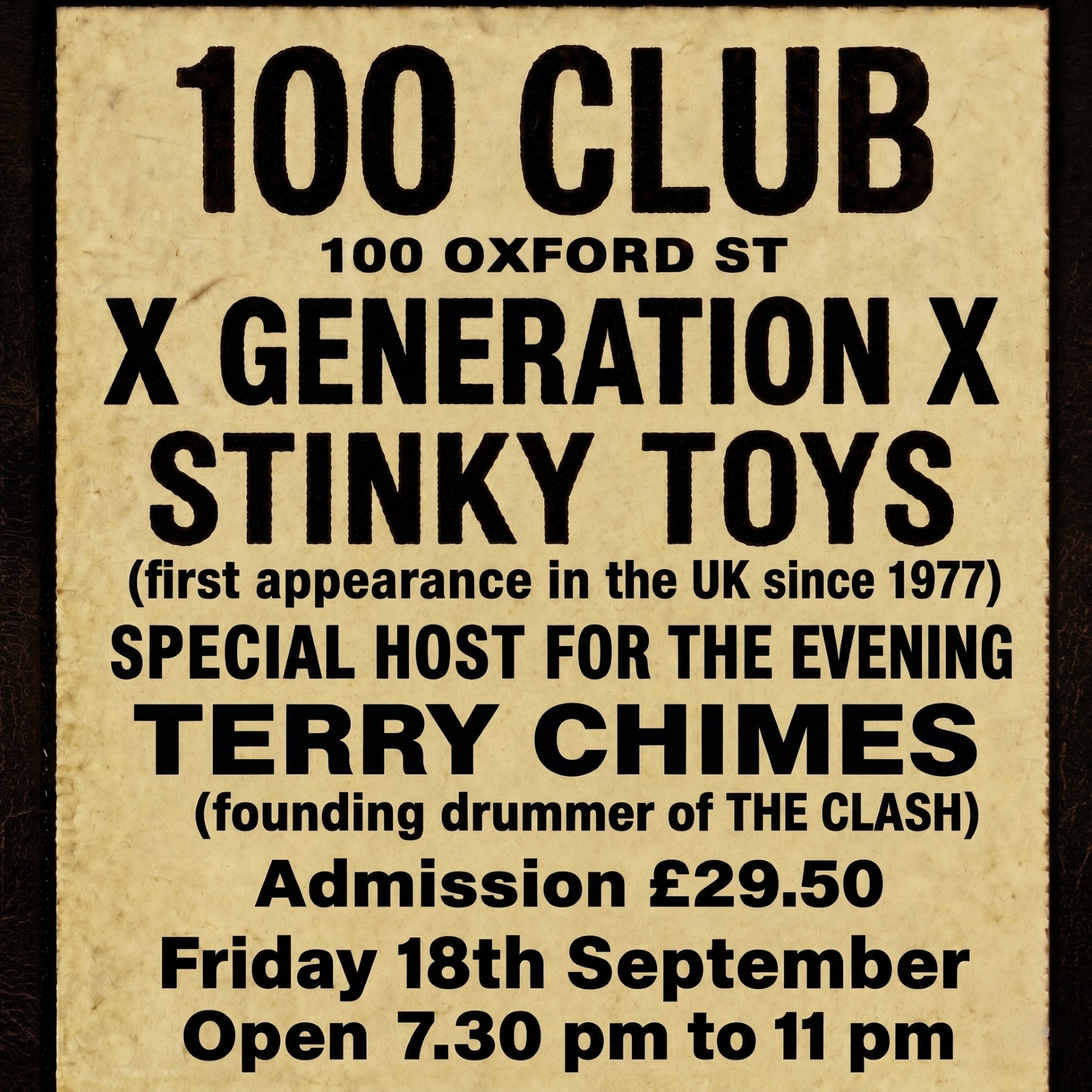 CELEBRATING 50 YEARS OF PUNK: X GENERATION X + STINKY TOYS at 100 Club